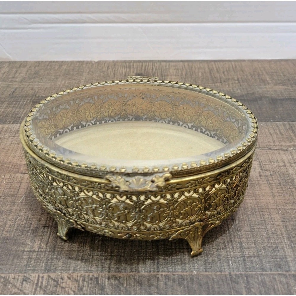 VTG‎ Globe Oval 24kt Gold Plate Filigree Ormolu Jewelry Casket